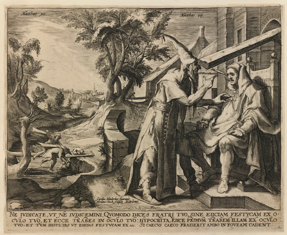 Woodcut with depiction of two parables: The parable of "The Mote and the Beam" in the foreground and in the background the parable of the "The Blind Leading the Blind" found in the bible.